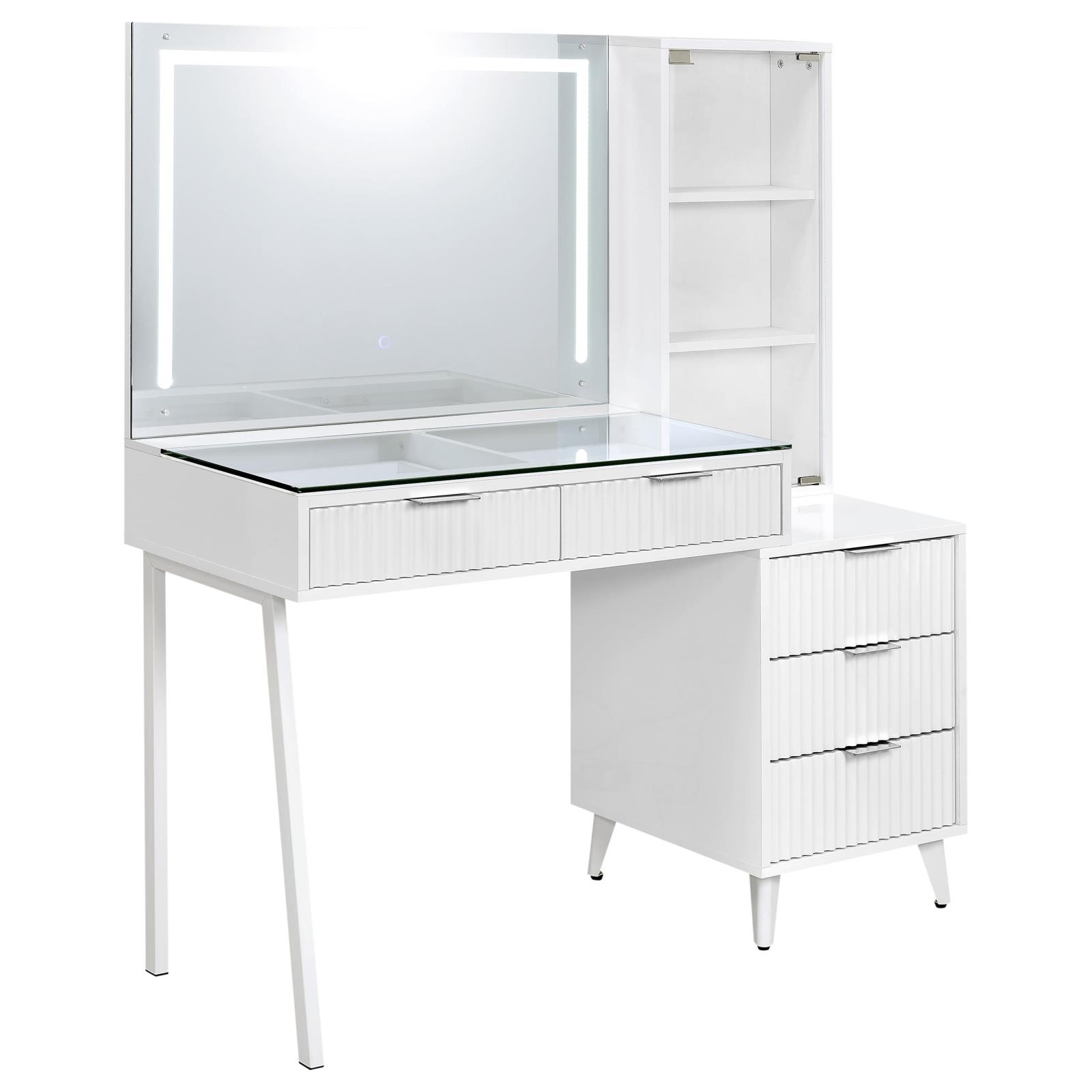 Souza 5-Drawer Makeup Vanity Table With LED Mirror White High Gloss - Image 4