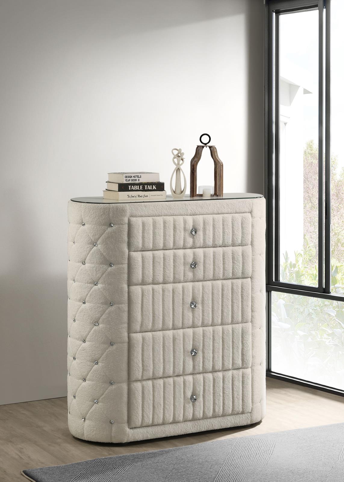 Sonya 5-drawer Upholstered Bedroom Chest of Drawers Ivory - Image 2