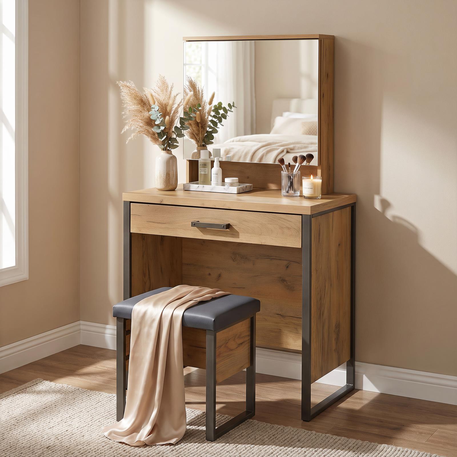 Bettin Vanity Set with Sliding Mirror and Stool Golden Oak - Image 2