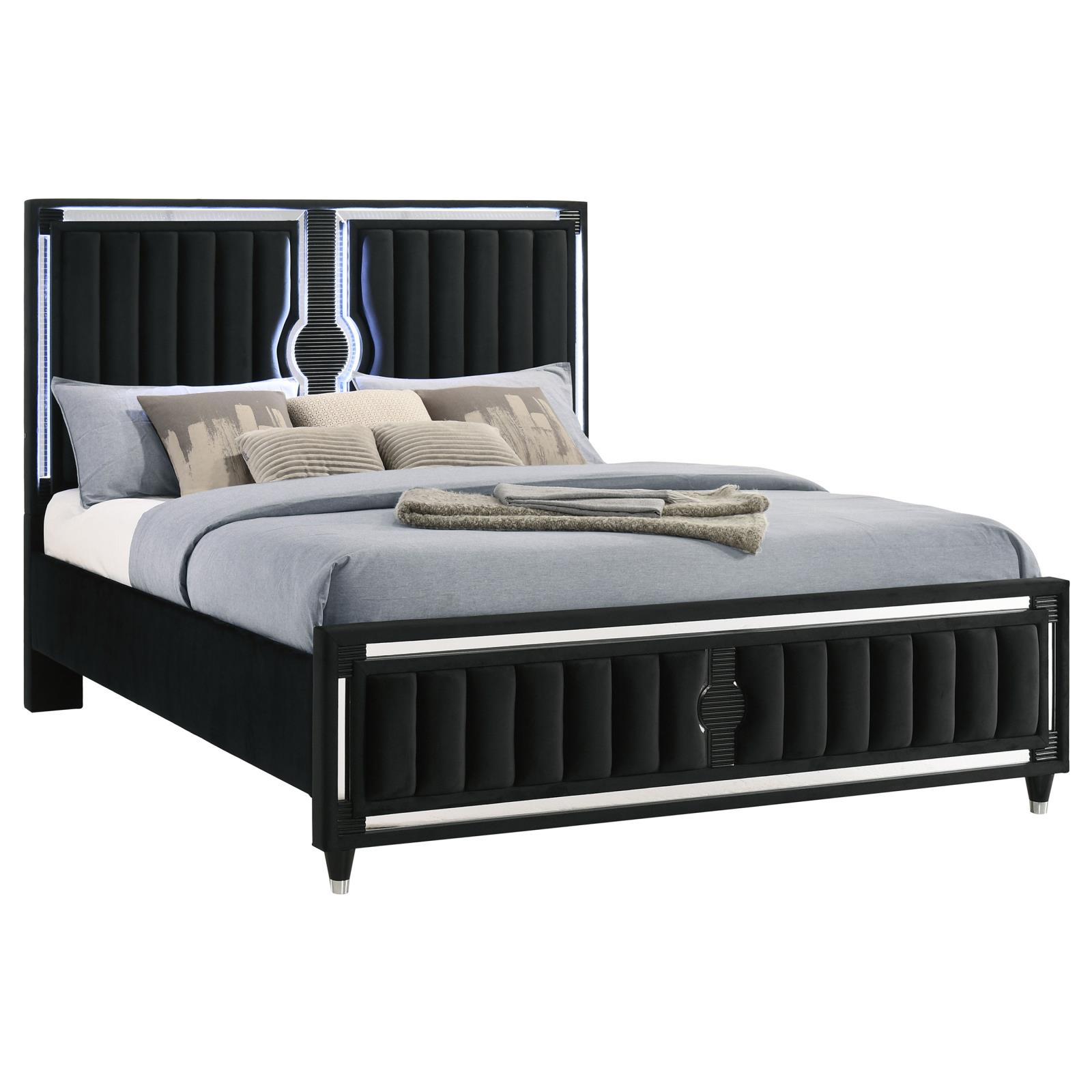 Ravenne Velvet Upholstered Eastern King LED Panel Bed Black - Image 3