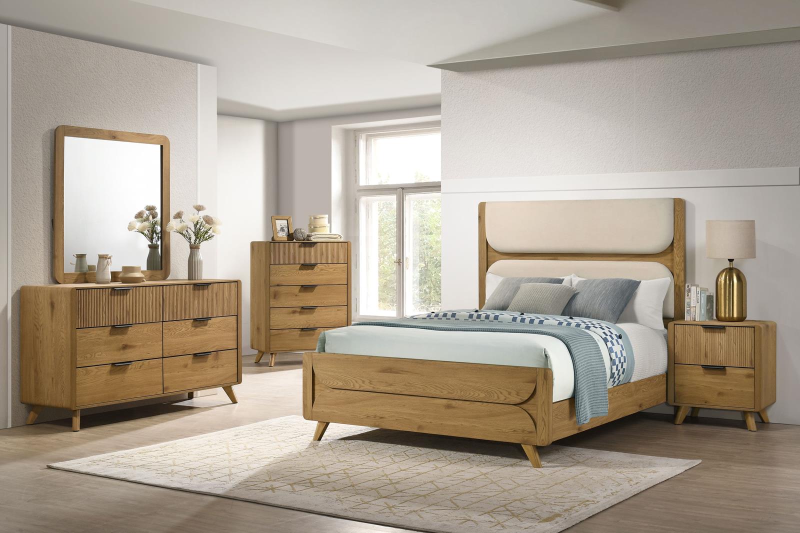 Bennett Eastern King Mid-Century Fabric Upholstered Panel Bed Light Oak - Image 12