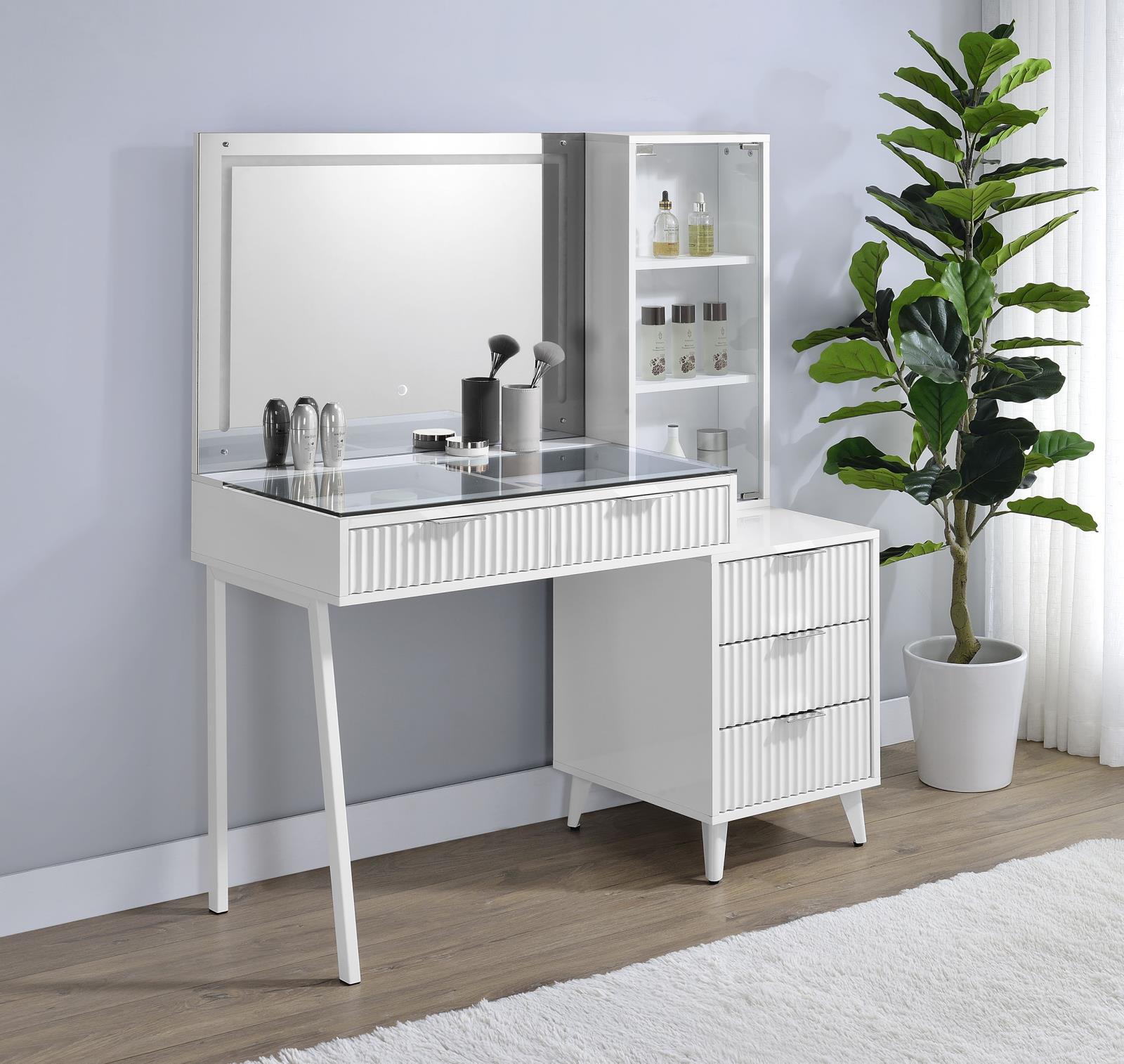 Souza 5-Drawer Makeup Vanity Table With LED Mirror White High Gloss - Image 2