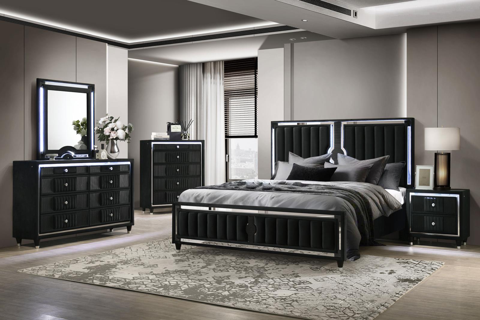 Ravenne Velvet Upholstered Eastern King LED Panel Bed Black - Image 10