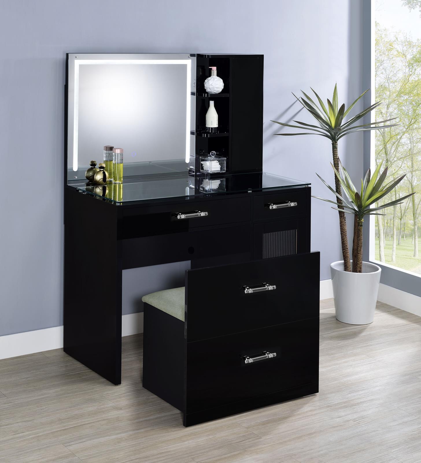 Flora 2-drawer Vanity Set with LED Mirror Black High Gloss - Image 3