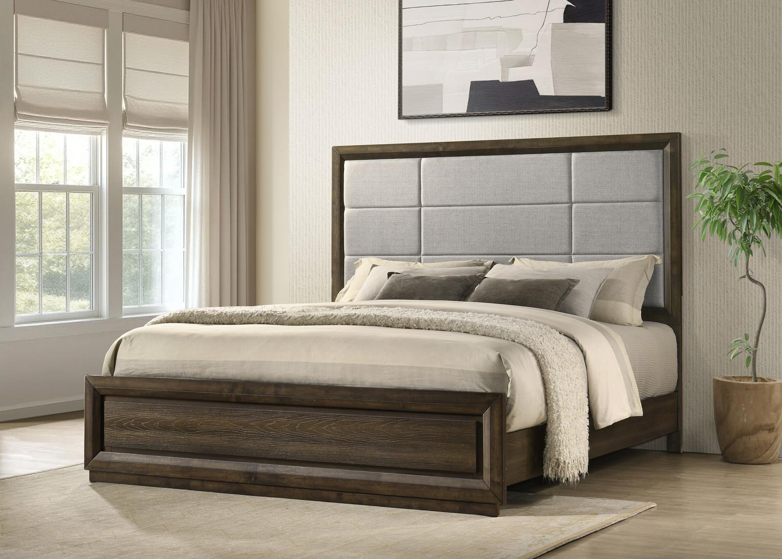 Atlas 63-inch Eastern King Upholstered Panel Bed Grey and Dark Oak - Image 2