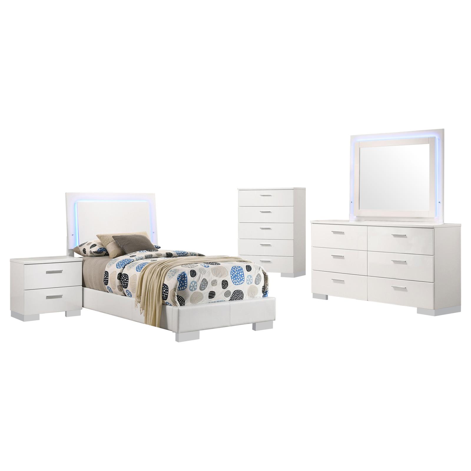 Felicity 5-piece Twin LED Mirror Bedroom Set White High Gloss - Image 2