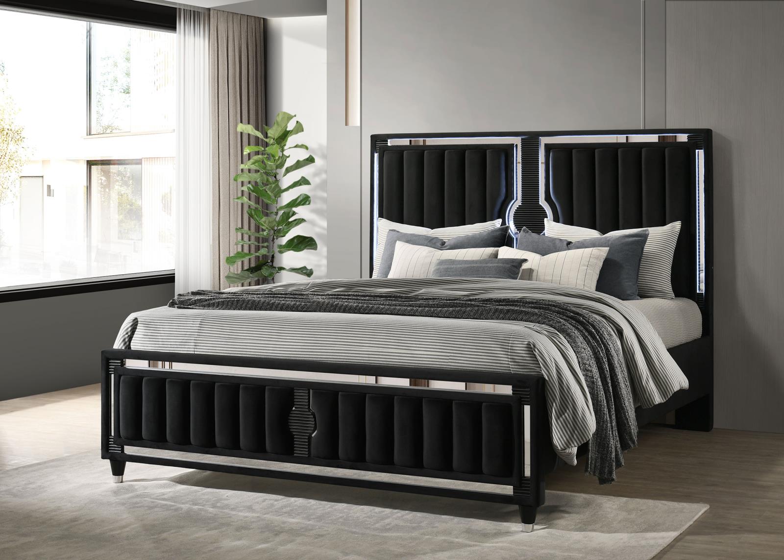 Ravenne Velvet Upholstered California King LED Panel Bed Black - Image 2