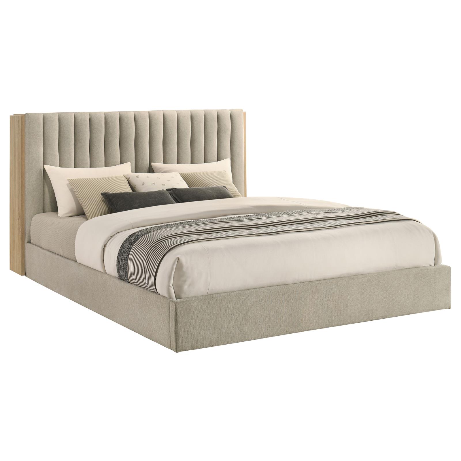 Arielle Eastern King Upholstered Bookcase Bed Light Tan and Light Oak - Image 4