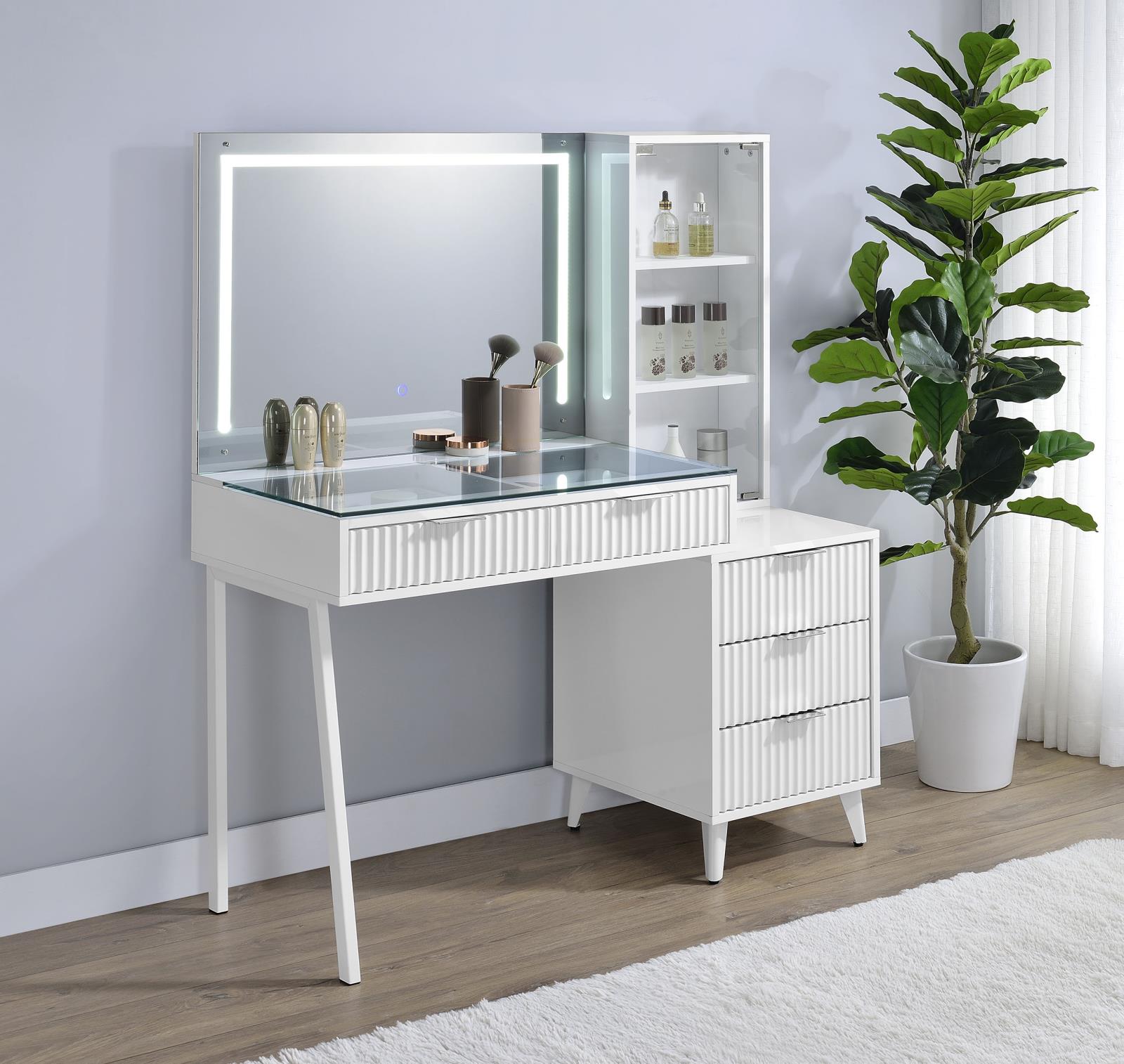 Souza 5-Drawer Makeup Vanity Table With LED Mirror White High Gloss - Image 3