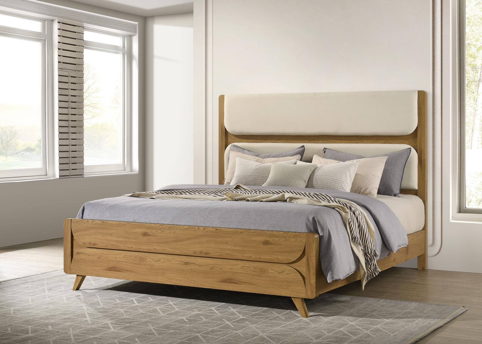 Bennett Eastern King Mid-Century Fabric Upholstered Panel Bed Light Oak - Image 2