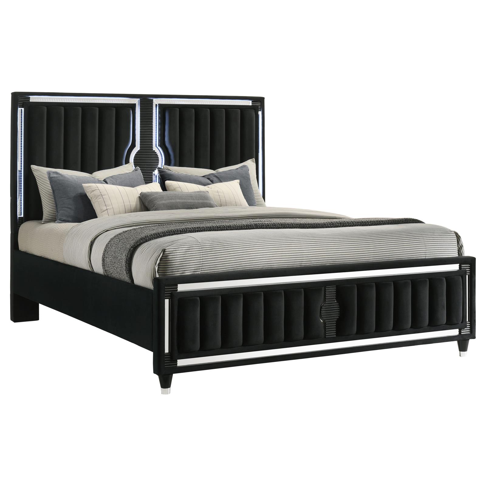 Ravenne Velvet Upholstered California King LED Panel Bed Black - Image 3