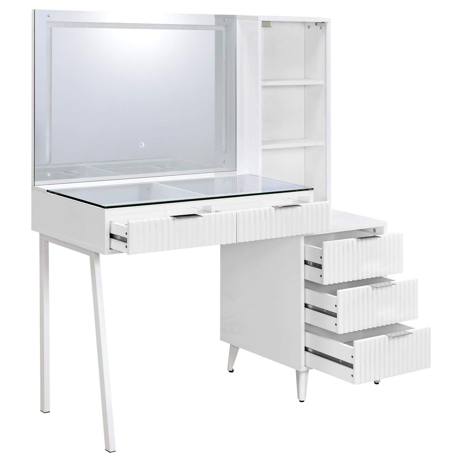 Souza 5-Drawer Makeup Vanity Table With LED Mirror White High Gloss - Image 5