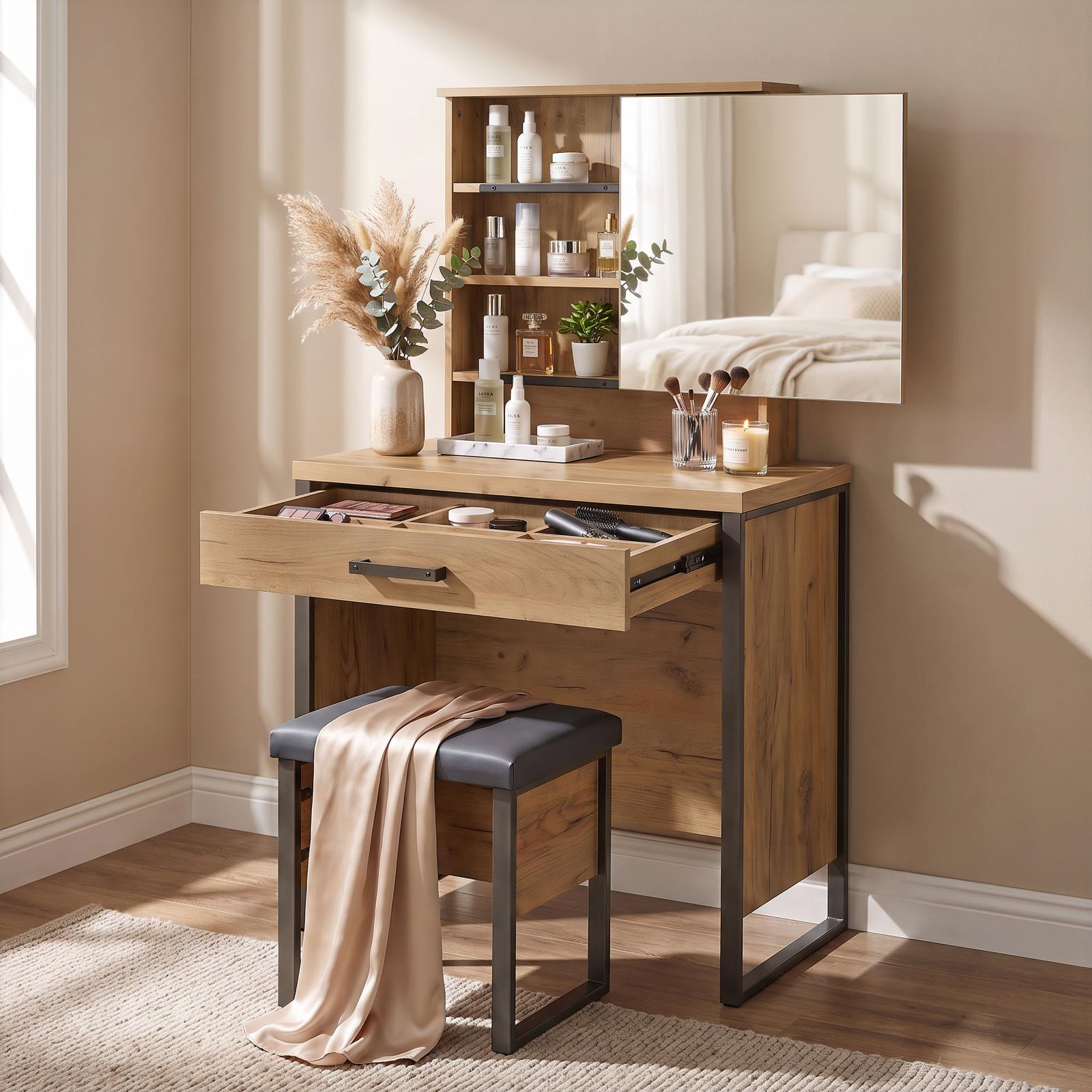 Bettin Vanity Set with Sliding Mirror and Stool Golden Oak - Image 3