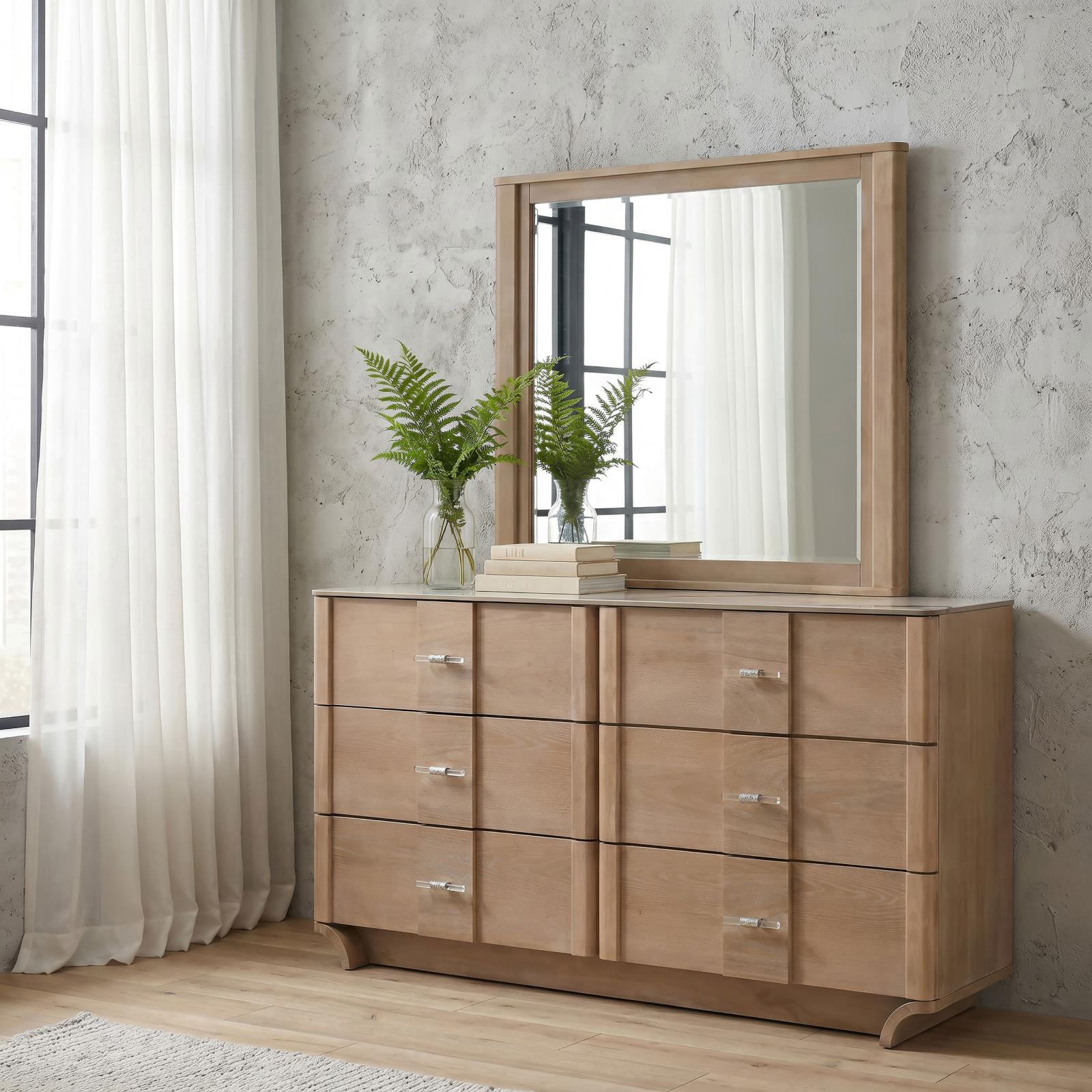 Leanne 6-drawer Sinter Stone Top Dresser and Mirror Light Oak - Image 2