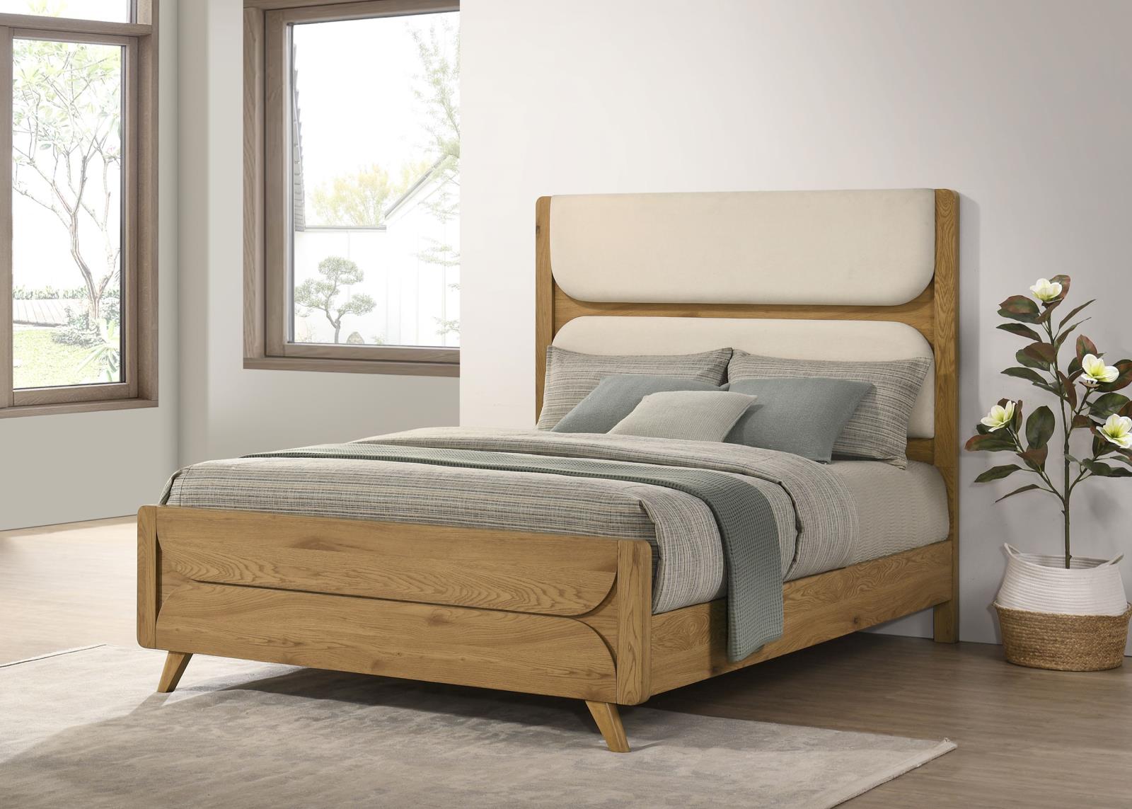 Bennett Queen Mid-Century Fabric Upholstered Panel Bed Light Oak - Image 2