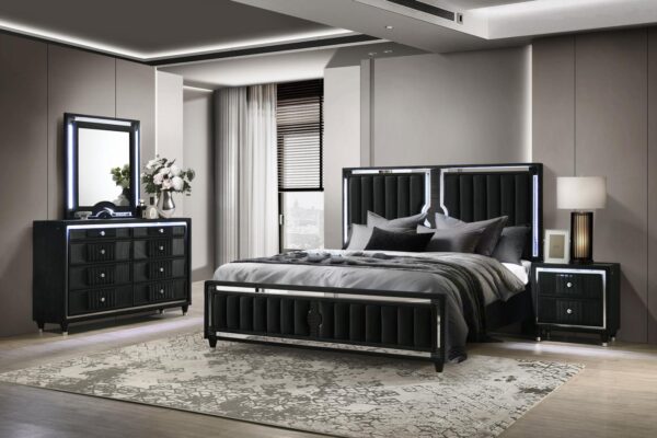Ravenne Velvet Upholstered LED Bedroom Set Black