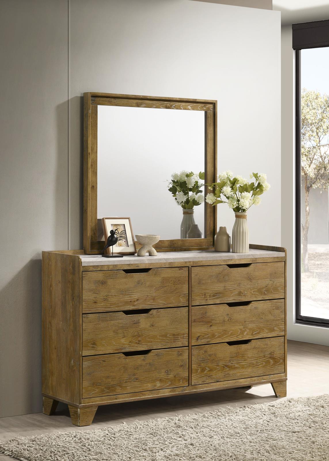 Henderson 6-drawer Bedroom Dresser with Mirror Medium Oak - Image 2
