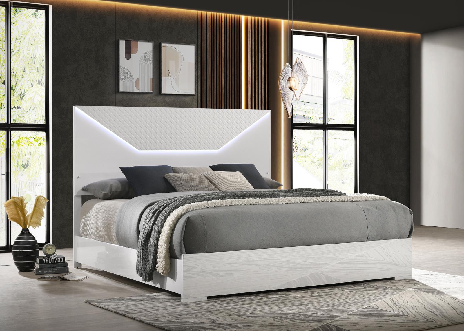 Ives Queen Panel Bed LED Headboard White High Gloss - Image 2