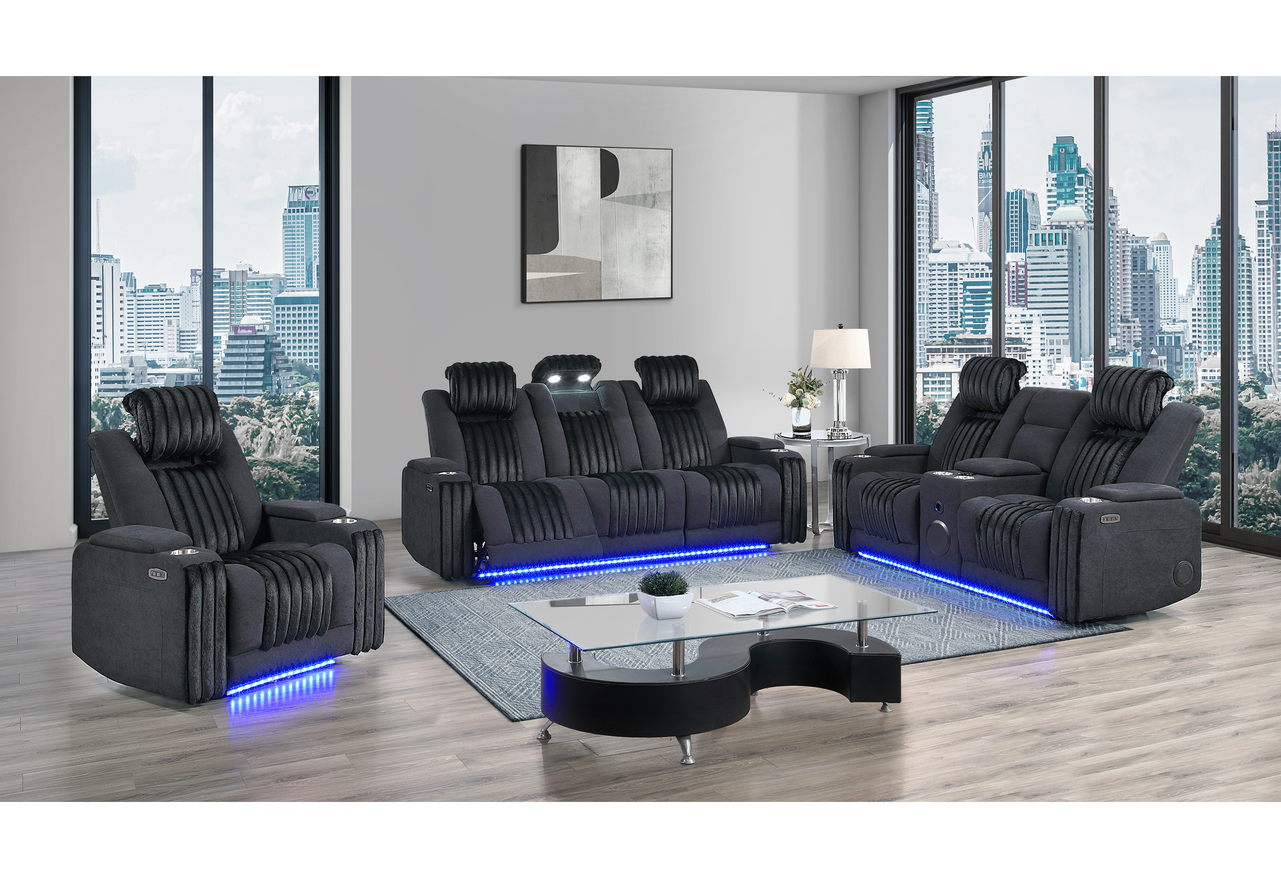 U8000 - 3 Piece Living Room Set (Power Console Reclining Loveseat, Power Reclining Sofa/ Power Recliner With Power Headrest) - Black - Image 2