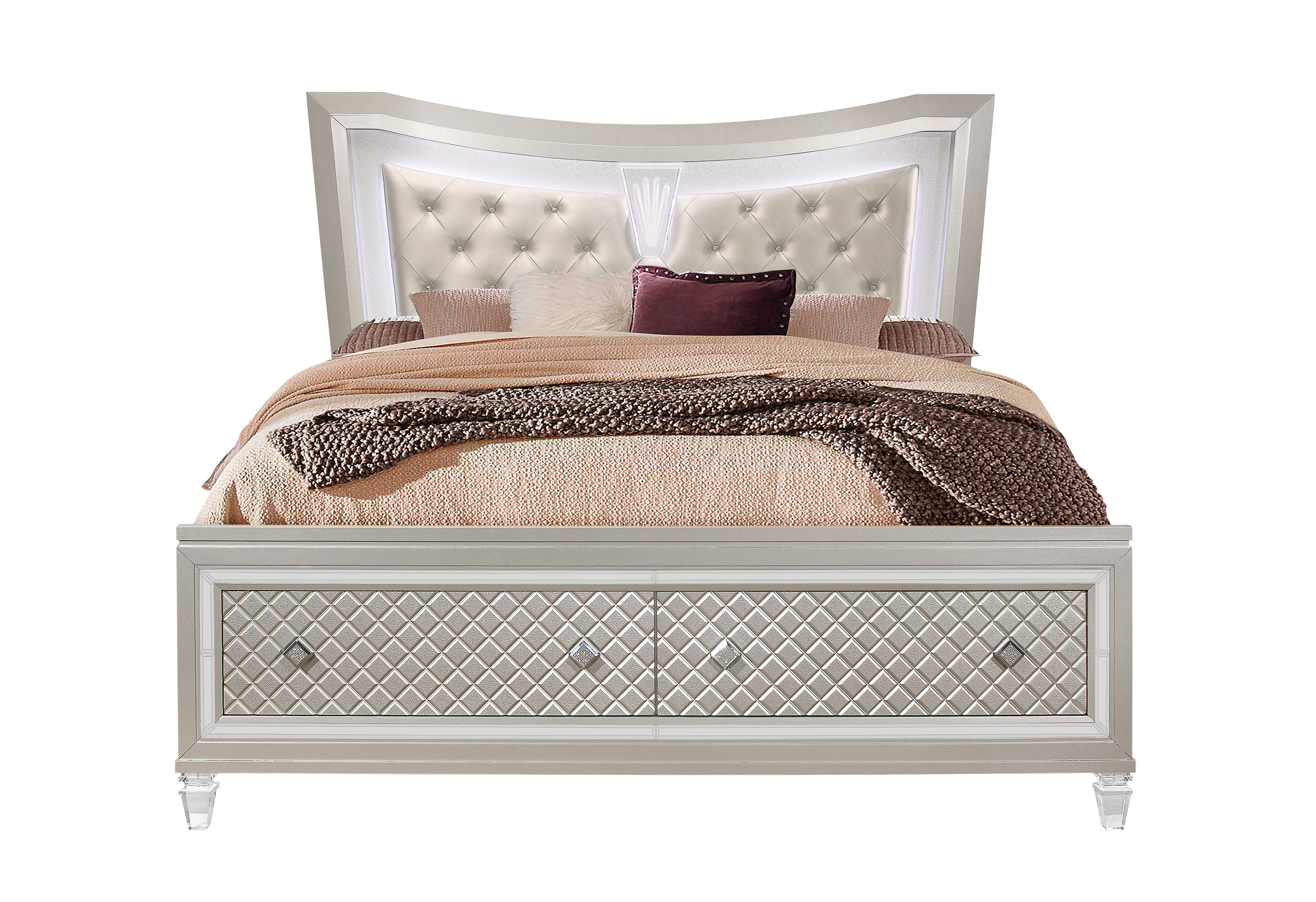 Paris - 4 Piece Bedroom Set (Bed With LED, Dresser, Mirror, Nightstand) - Champagne - Image 2
