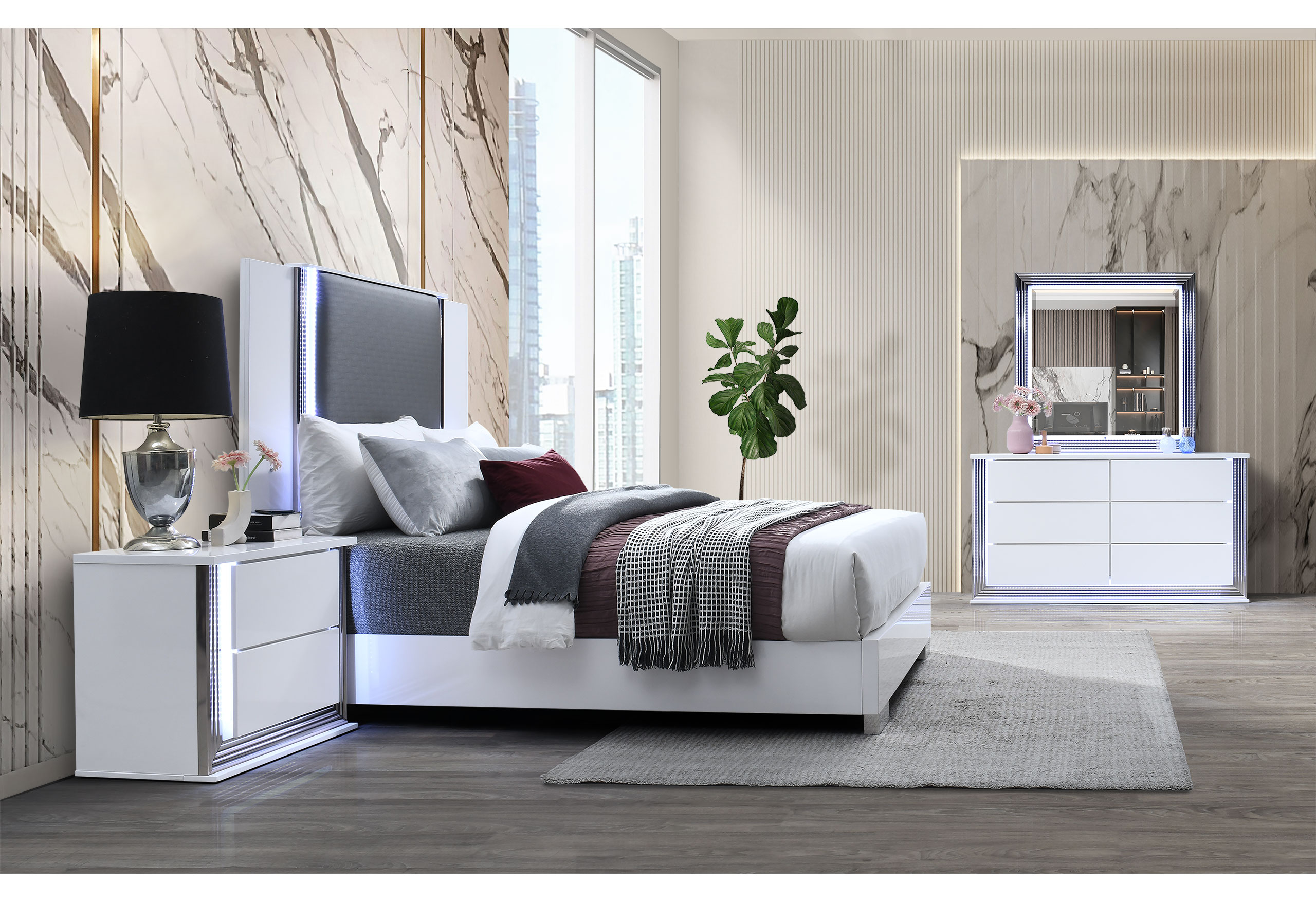 Ylime - Bed With LED - Smooth White / Dark Gray - Image 4