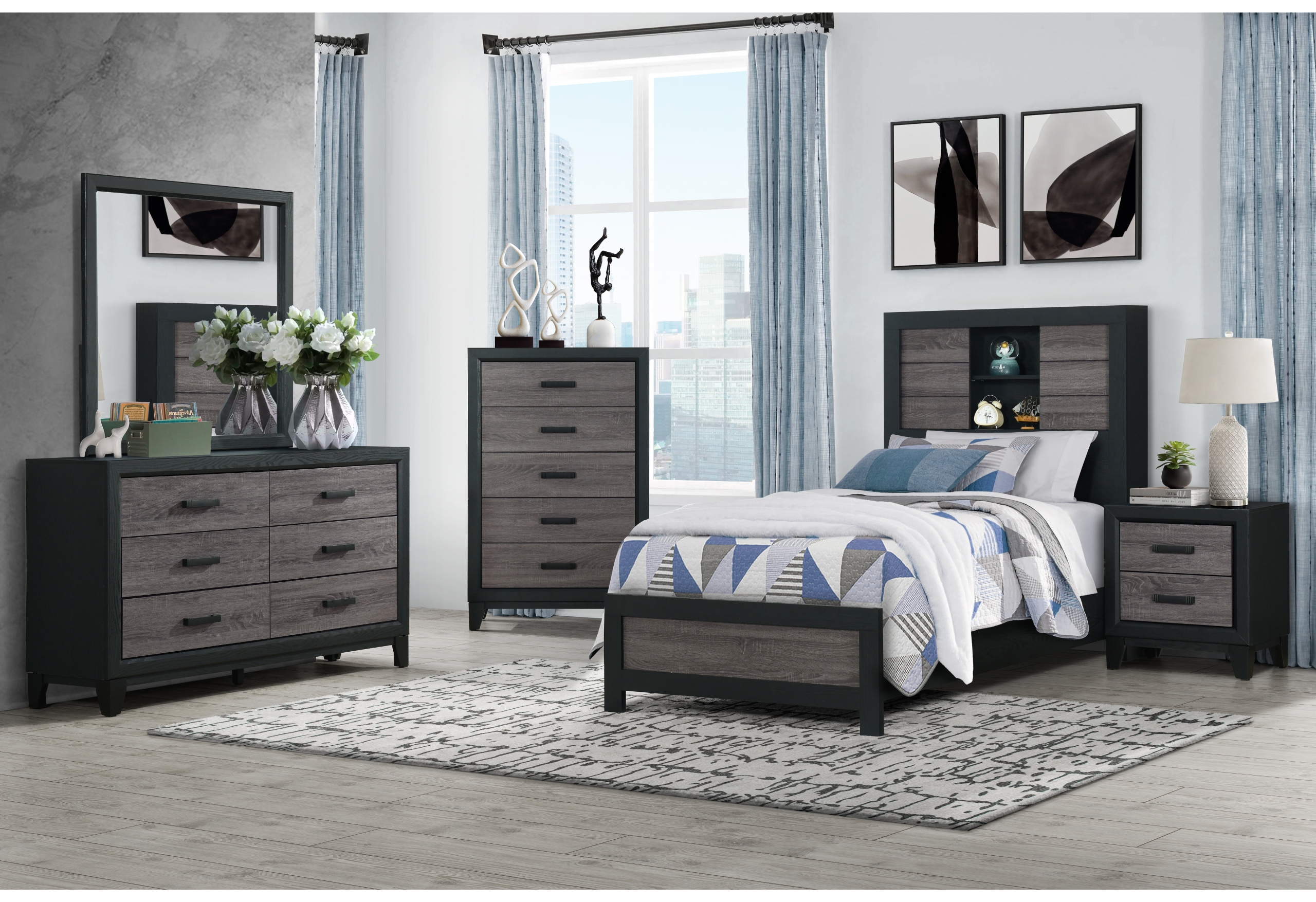 Lisbon - 5 Piece Bedroom Set (Bookcase Bed) - Black / Gray