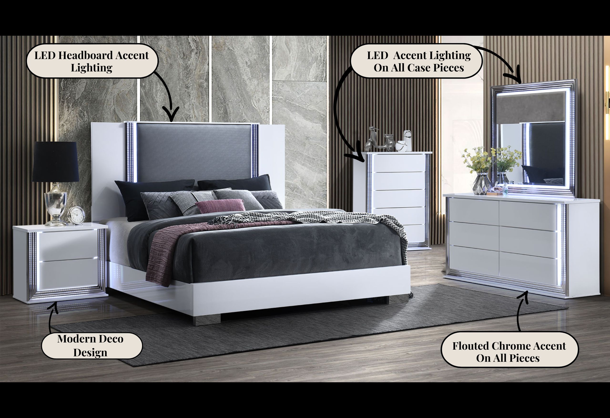 Ylime - 5 Piece Bedroom Set (Bed, Dresser, Mirror, Chest, Nightstand) - Smooth White - Image 4