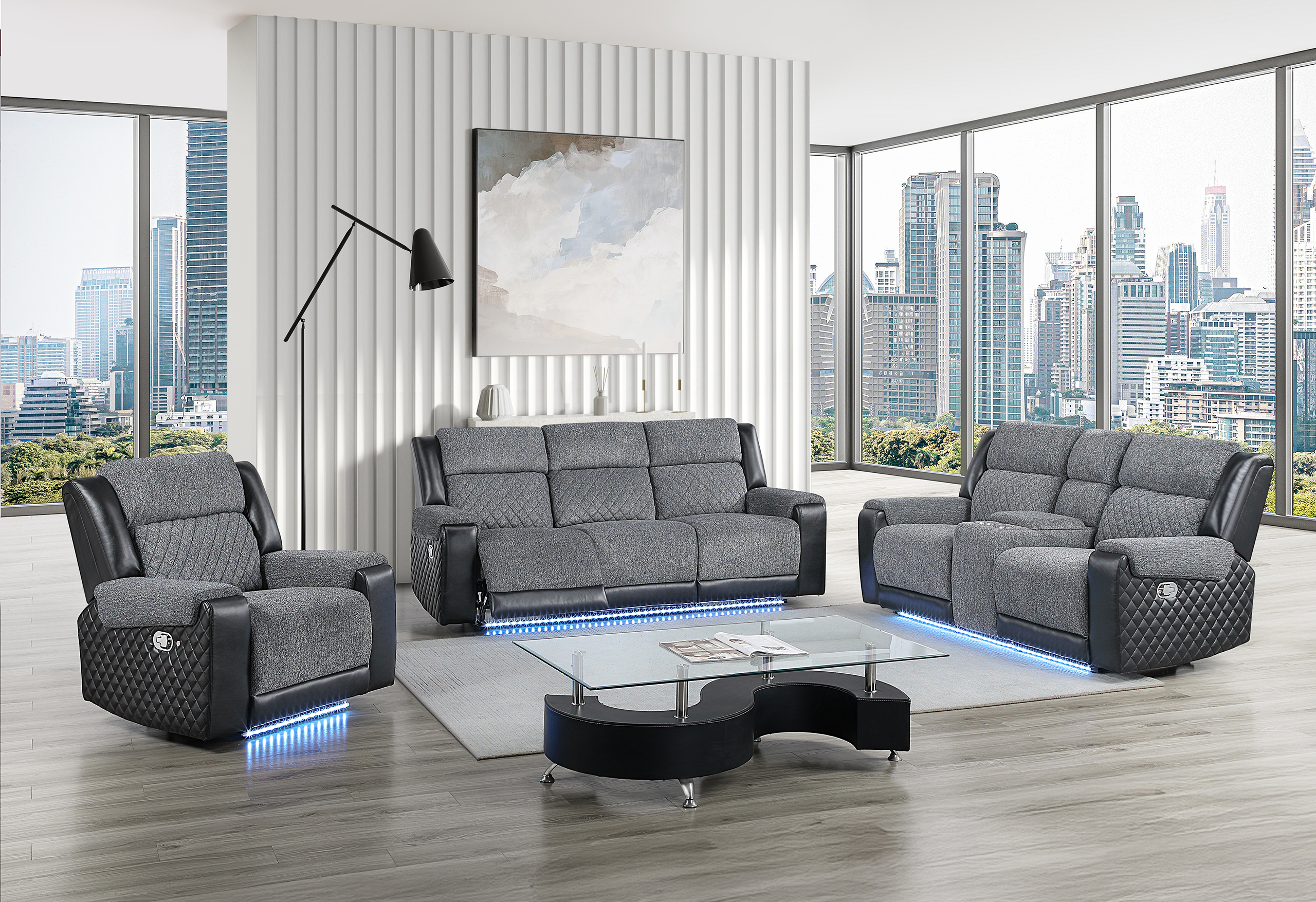 U5914/U5915 - 3 Piece Living Room Set (Reclining Sofa, Console Reclining Loveseat With Immersive Sound, Blue LED And Recliner) - Black / Gray