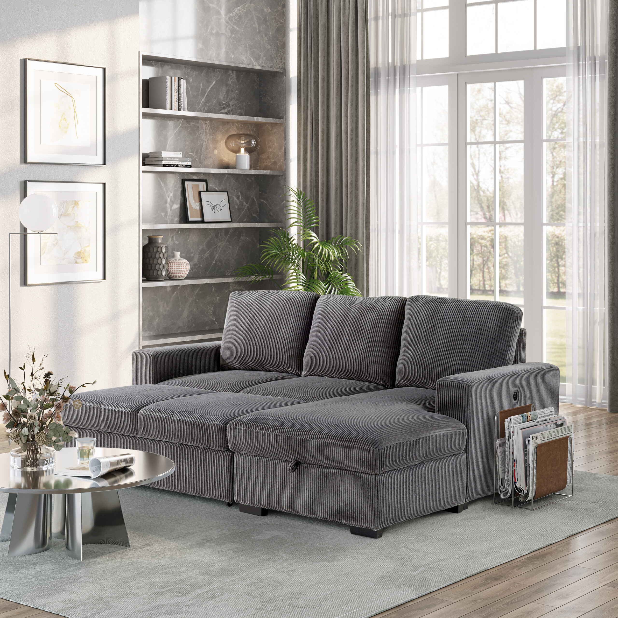 U2660 - Sectional With Pull Out Sofa Bed - Gray - Image 2