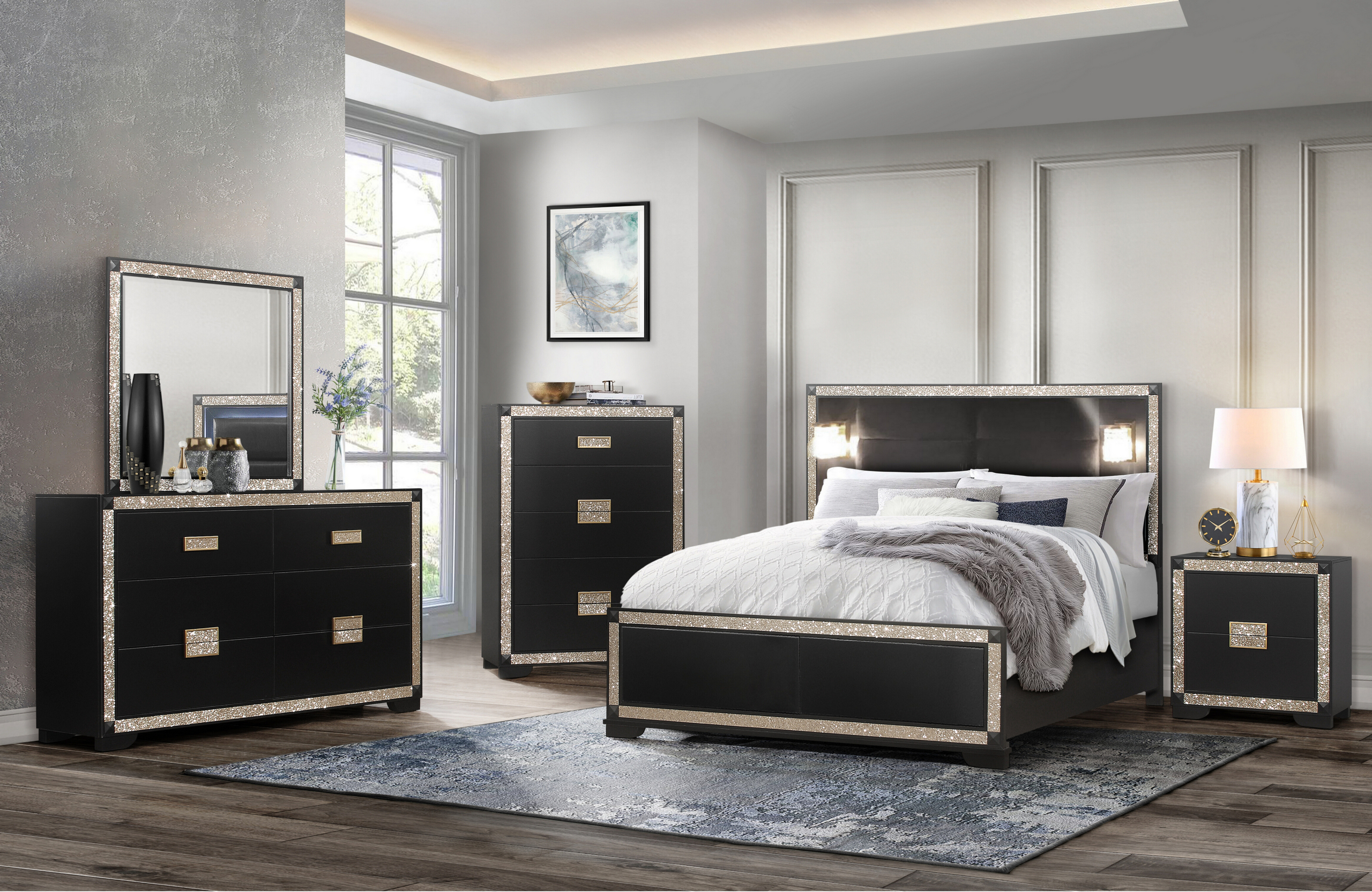 Blake – 5 Piece Bedroom Set With Lamps – Black / Gold – Mr. Liquidator Furniture