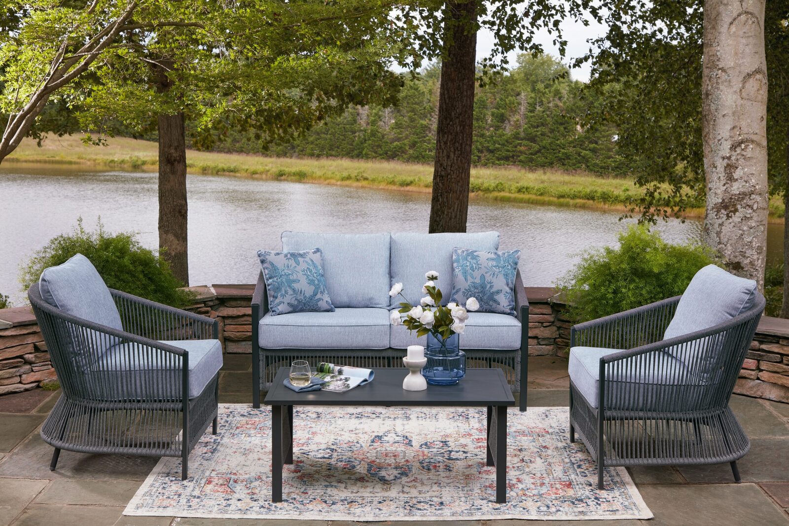 Bridges Beach - Loveseat, Lounge Chairs, Table Set (Set of 4) - Gray - Image 2