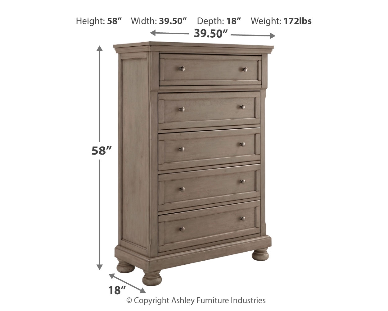 Lettner - Five Drawer Chest - 2-handles - Light Gray - Image 4