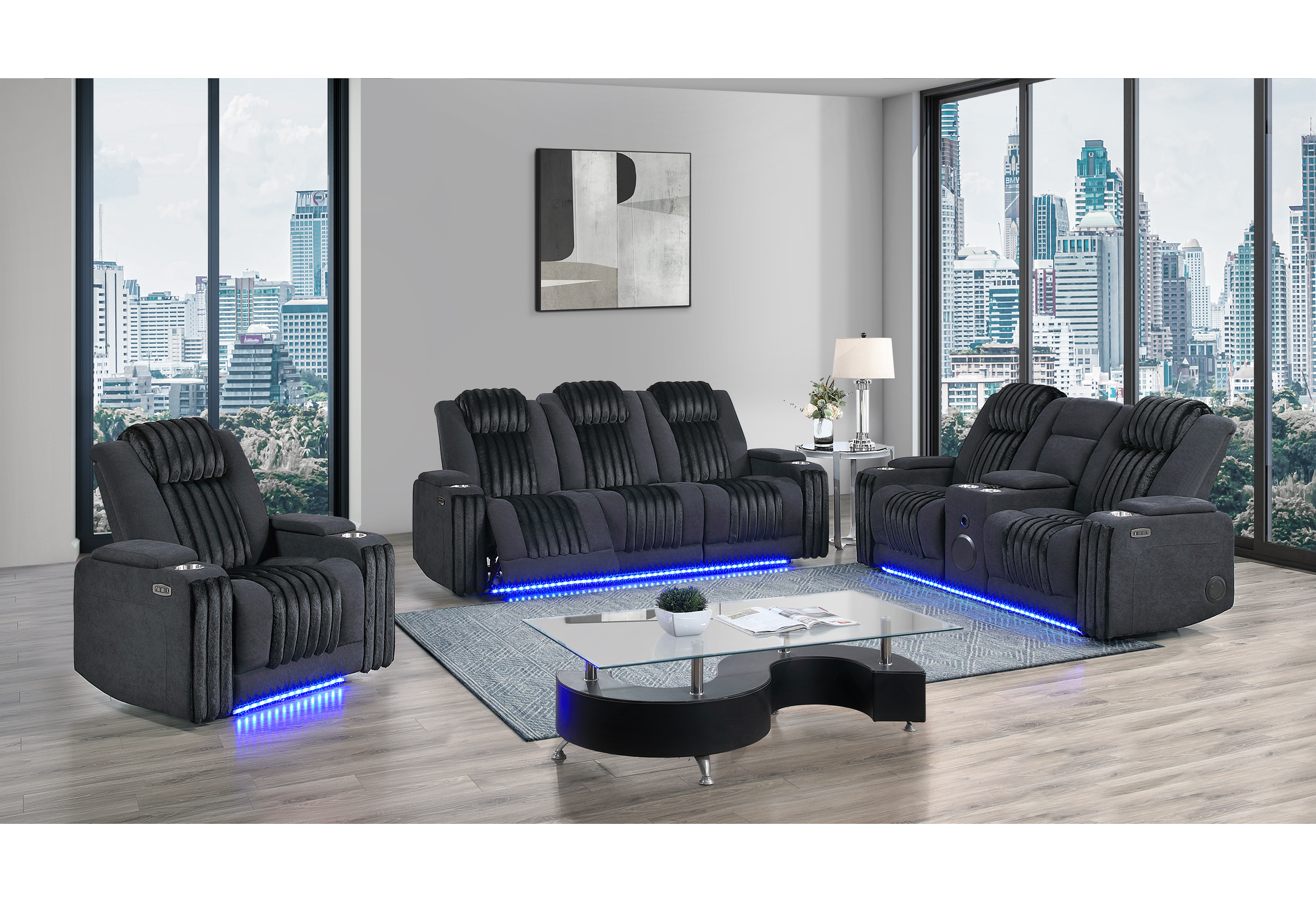 U8000 - 3 Piece Living Room Set (Power Console Reclining Loveseat, Power Reclining Sofa/ Power Recliner With Power Headrest) - Black
