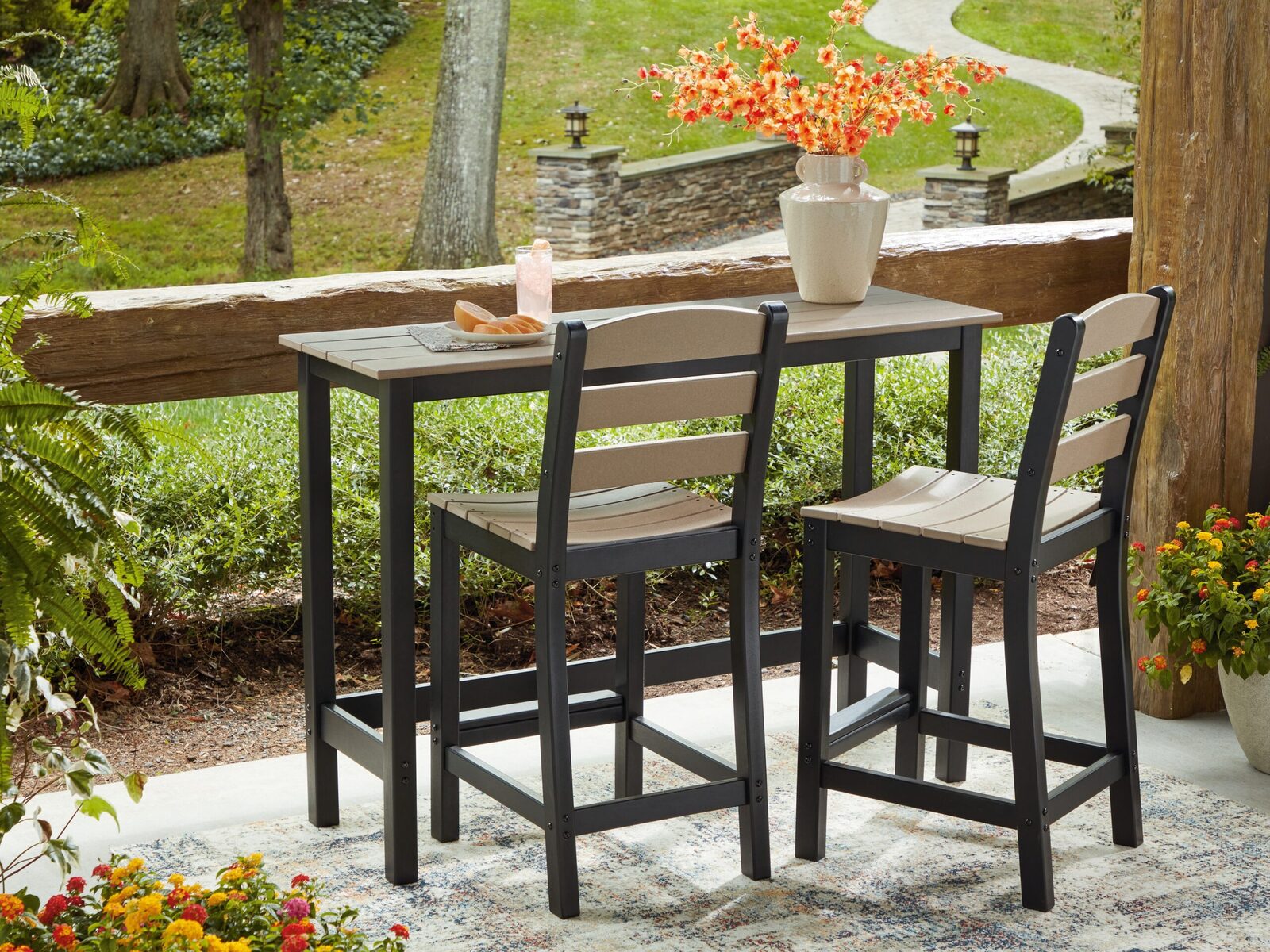 Shoreline Beach - Outdoor Counter Table And 2 Barstools (Set of 3) - Black / Beige - Image 2