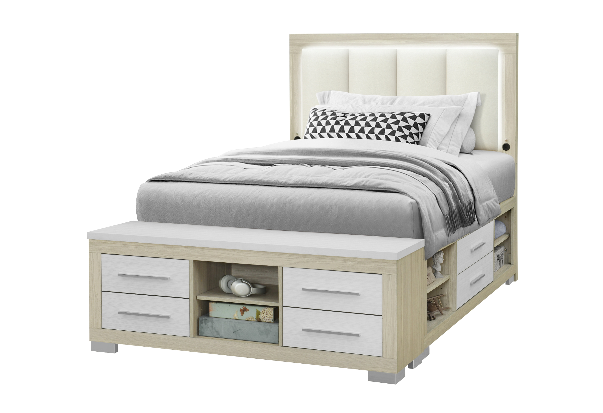 Emma - Full Bed With LED And USB - Light Brown / White - Image 3