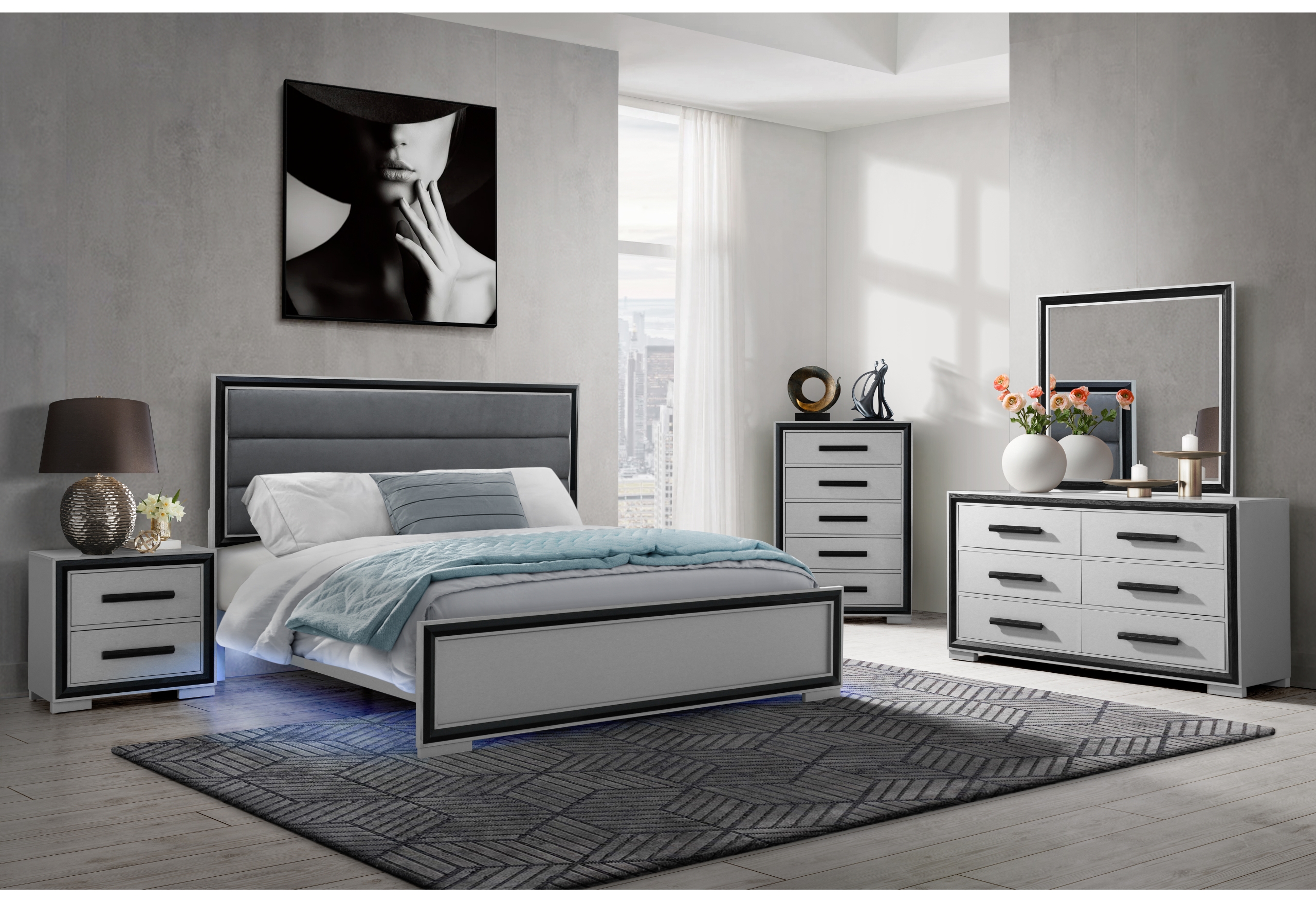 Amelia - 5 Piece Full Bedroom Set With LED, Cooler And Speaker - Black / Gray