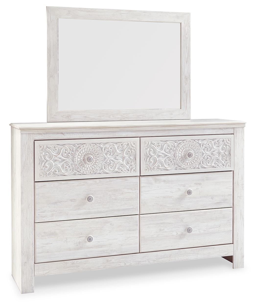 Paxberry - Dresser, Mirror - Medallion Drawer Pulls - Whitewash