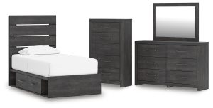 Hollivern - 4 Pc. - Twin Panel Storage Bed, Dresser, Mirror And Chest - Dark Gray